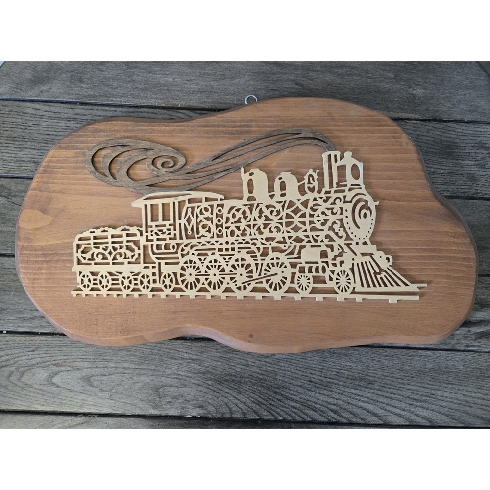 Vintage Train Locomotive Scroll Saw Wood Handcrafted Wall Folk Art Décor Plaque